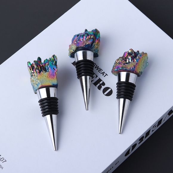 Boho Rainbow Aura Oil Slick Titanium Amethyst Quartz Crystal Wine Bottle Stopper - Picture 9 of 16